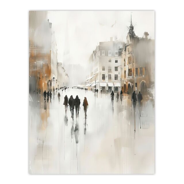 "Artery8 Rainy Day in the City Painting Grey Cityscape Wall Art Print in Off-White - Size: W18"" x H24""" - image 1