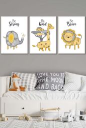 ARTZE Set of 3 White Framed Scandi Nursery Elephant Animals Quote Yellow Grey Wall Art in Bright Yellow - Size: W33 cm x H45 cm x D20mm - thumbnail 1