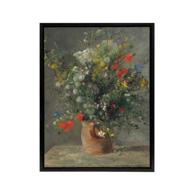 "Artery8 Wildflowers in a Vase Renoir Vintage Black Framed Canvas Wall Art in Grey - Size: W12"" x H16""" - image 1
