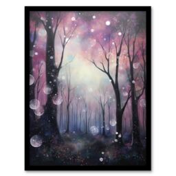 Artery8 Wall Art Print Enchanted Forest Bubbles Oil Painting Pink Blue Winter Tree Silhouettes Misty Fantasy Landscape Colourful Magical Nature - thumbnail 1