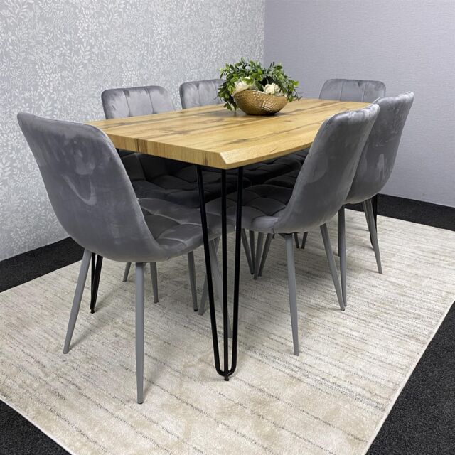 KOSY KOALA Dining Table & 6 Grey Velvet Chairs Stylish Dining Set Dining Room Furniture in Brown - image 1