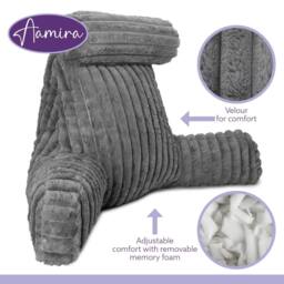 Aamira Reading Pillow Grey Faux Fur Ribbed Memory Foam Support Cushion - thumbnail 9