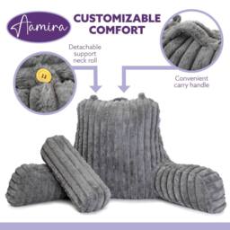 Aamira Reading Pillow Grey Faux Fur Ribbed Memory Foam Support Cushion - thumbnail 4
