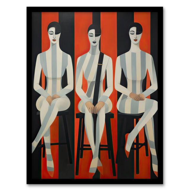Artery8 Wall Art Print Jailhouse Rock Conceptual Vintage Style Oil Painting Red Grey White Striped Musician Female Trio Artwork Framed - Size: A4 - image 1