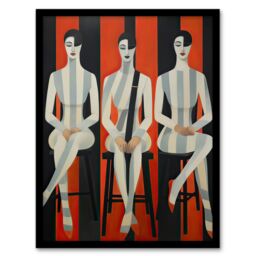 Artery8 Wall Art Print Jailhouse Rock Conceptual Vintage Style Oil Painting Red Grey White Striped Musician Female Trio Artwork Framed - Size: A4 - thumbnail 1
