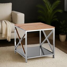 Orsina Solid Oak Surface Lamp Table, Sleek Modern Bedside Table, Polished Stainless Steel Frame Lamp Table in Natural