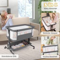 Gymax Bassinet for Infant Folding Bedside Crib 77-87CM Adjustable Height in Grey - thumbnail 6