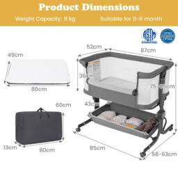 Gymax Bassinet for Infant Folding Bedside Crib 77-87CM Adjustable Height in Grey - thumbnail 2