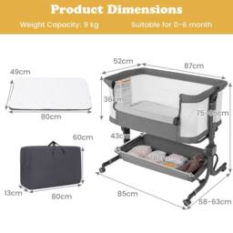 Gymax Bassinet for Infant Folding Bedside Crib 77-87CM Adjustable Height in Grey - thumbnail 5