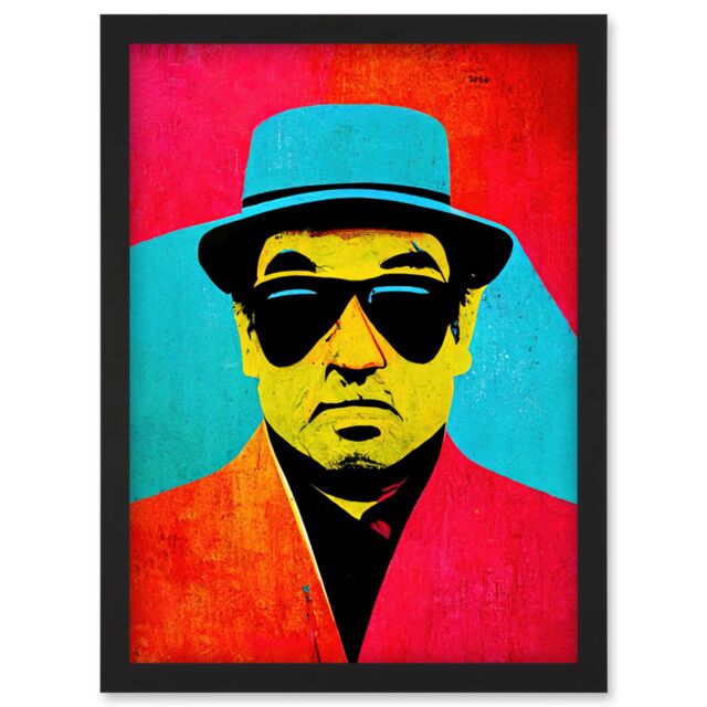Artery8 Pop Art Bright Jazz Musician Pork Pie Hat Sunglasses Red Turquoise Yellow Artwork Framed Wall Art Print A4 in Black - image 1