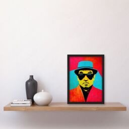 Artery8 Pop Art Bright Jazz Musician Pork Pie Hat Sunglasses Red Turquoise Yellow Artwork Framed Wall Art Print A4 in Black - thumbnail 2