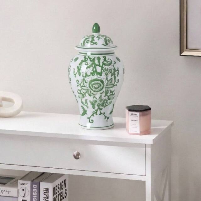 Wyld and Coco Porcelain Lidded Ginger Jar Vase White and Green - image 1