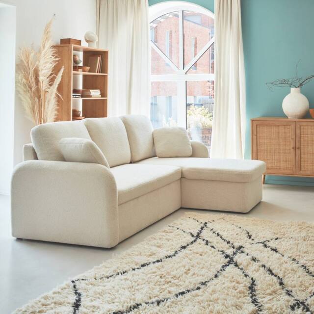 sweeek 3-seater Reversible Corner Sofa Bed In Boucle Fabric in Cream - image 1