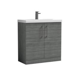 Balterley Bathroom Floor 2-Door Vanity Unit Basin, Anthracite Woodgrain, 800mm in Grey - thumbnail 1