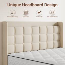 Dprodo Bed Frame with Linen Upholstered Tufted Headboard in Beige - Size: Super King - thumbnail 6