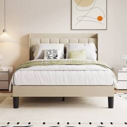 Dprodo Bed Frame with Linen Upholstered Tufted Headboard in Beige - Size: Super King - thumbnail 2