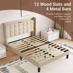 Dprodo Bed Frame with Linen Upholstered Tufted Headboard in Beige - Size: Super King - thumbnail 9