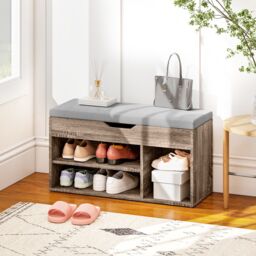 HOMCOM Sit-On Shoe Storage Unit w/ Hidden Compartment Handles in Grey - thumbnail 1