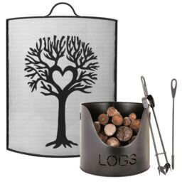 Dibor Traditional Stag Fire Screen Fireguard H68cm x W53cm with Country Logs Bucket with Poker & Tongs in Black - thumbnail 1