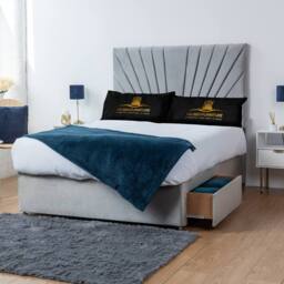 UK Bed Furniture Sunrise Divan Bed with 4 Drawers & 26 Inch headboard in Silver - Size: King