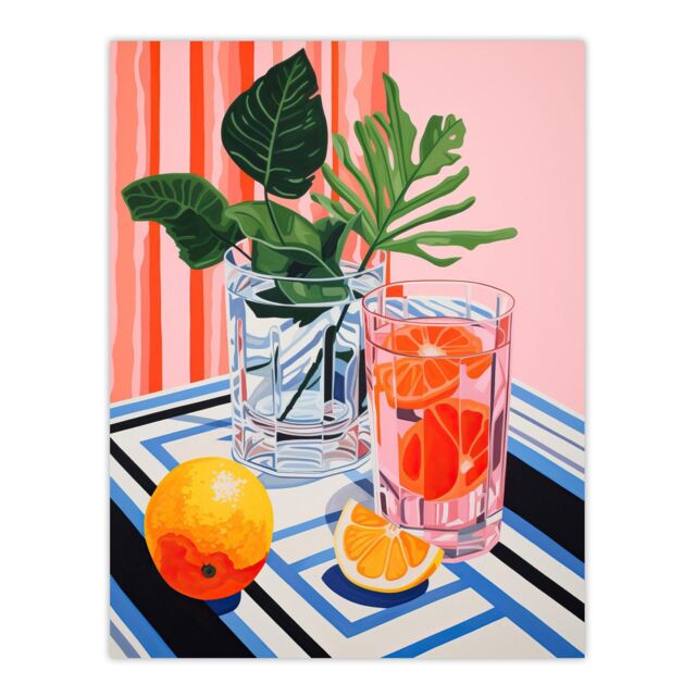 "Wee Blue Coo Wall Art Print Refreshing Spritz Aperitif with Orange Slices Vibrant Pink Blue Stylised Painting Poster - Size: W18"" x H24""" - image 1