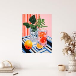 "Wee Blue Coo Wall Art Print Refreshing Spritz Aperitif with Orange Slices Vibrant Pink Blue Stylised Painting Poster - Size: W18"" x H24""" - thumbnail 4