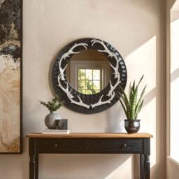 Orsina Brown & Nickel Finish Wall Mirror, Round Wall Mirror with Texture, Decorative Wall Mirror in Black - thumbnail 1