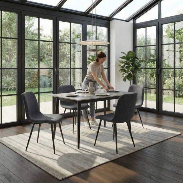 FWStyle Evie Set Of 4 Grey Linen Upholstered Black Steel Frame Dining Chairs - image 1