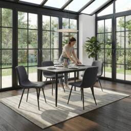 FWStyle Evie Set Of 4 Grey Linen Upholstered Black Steel Frame Dining Chairs
