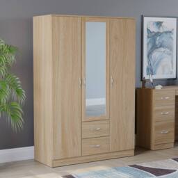 HD Designs Riano 3 Door 2 Drawer Mirrored Wardrobe Storage Organizer in Brown
