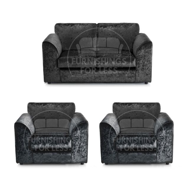 Furnishings For Less UK Crystal Crushed Velvet 4 Seater 3 Piece Sofa Suite - 3, 2 & Armchair Seater Full Back in Black - image 1