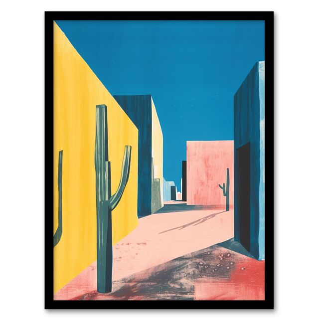 Artery8 Wall Art Print Colourful Mexican Village Houses & Cacti Art Framed Poster in Black - Size: A4 - image 1