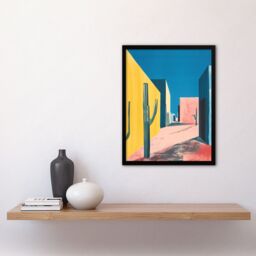 Artery8 Wall Art Print Colourful Mexican Village Houses & Cacti Art Framed Poster in Black - Size: A4 - thumbnail 4
