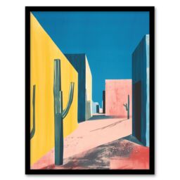 Artery8 Wall Art Print Colourful Mexican Village Houses & Cacti Art Framed Poster in Black - Size: A4 - thumbnail 1