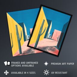 Artery8 Wall Art Print Colourful Mexican Village Houses & Cacti Art Framed Poster in Black - Size: A4 - thumbnail 2