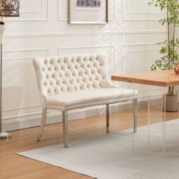 HomeTouch Home Touch Velvet Double Dining Bench Loveseat with Chrome Steel Legs in Beige - Size: 1 Pack - thumbnail 3