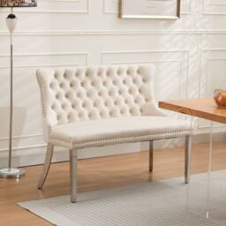 HomeTouch Home Touch Velvet Double Dining Bench Loveseat with Chrome Steel Legs in Beige - Size: 1 Pack - thumbnail 1