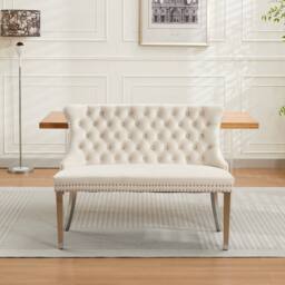 HomeTouch Home Touch Velvet Double Dining Bench Loveseat with Chrome Steel Legs in Beige - Size: 1 Pack - thumbnail 2