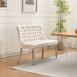 HomeTouch Home Touch Velvet Double Dining Bench Loveseat with Chrome Steel Legs in Beige - Size: 1 Pack - thumbnail 4