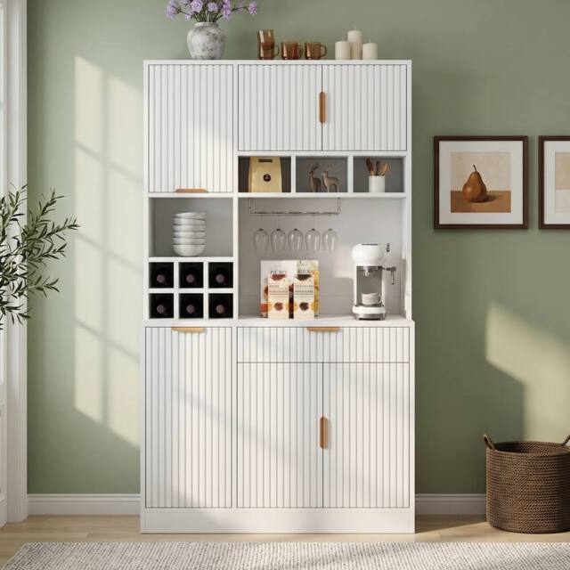 Matteo White Wavy Tall Sideboard Cabinet - Power Outlets & Wine Storage - image 1