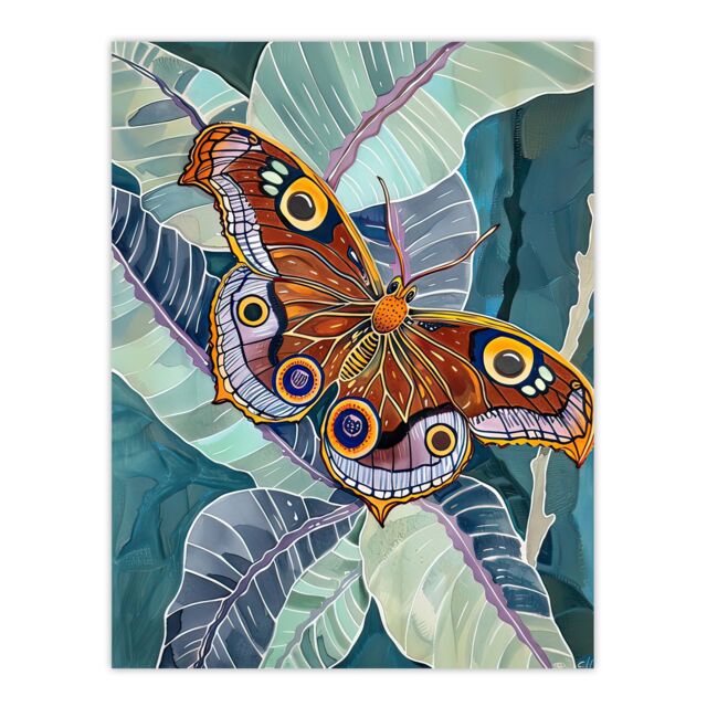 "Artery8 Butterfly on Palm Leaf Painting Tropical Exotic Wall Art Print in Blue - Size: W24"" x H32""" - image 1