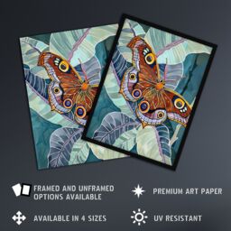 "Artery8 Butterfly on Palm Leaf Painting Tropical Exotic Wall Art Print in Blue - Size: W24"" x H32""" - thumbnail 2