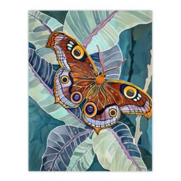 "Artery8 Butterfly on Palm Leaf Painting Tropical Exotic Wall Art Print in Blue - Size: W24"" x H32""" - thumbnail 1