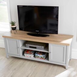 Home Source Console TV Stand Television Unit Oak Coffee Solid Bookcase 36mm Top in Grey - thumbnail 2