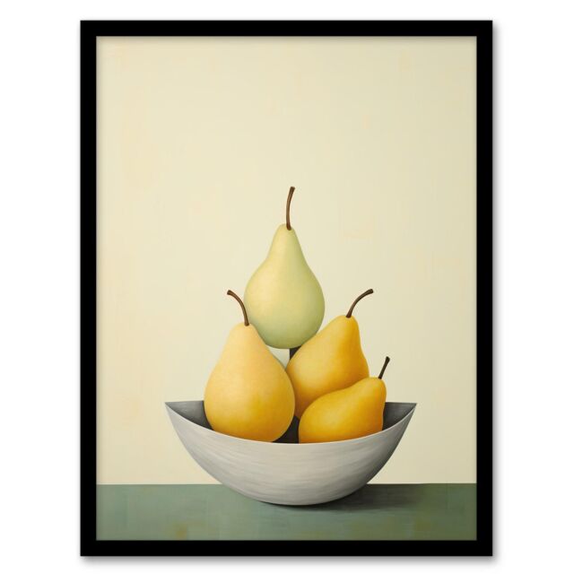 Wee Blue Coo Wall Art Print All Gone Pear Shaped Oil Painting Sage Green Orange Bright Fruit Art Framed in Yellow - Size: A4 - image 1