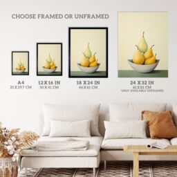 Wee Blue Coo Wall Art Print All Gone Pear Shaped Oil Painting Sage Green Orange Bright Fruit Art Framed in Yellow - Size: A4 - thumbnail 3