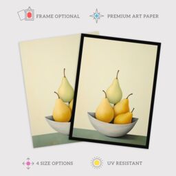 Wee Blue Coo Wall Art Print All Gone Pear Shaped Oil Painting Sage Green Orange Bright Fruit Art Framed in Yellow - Size: A4 - thumbnail 2