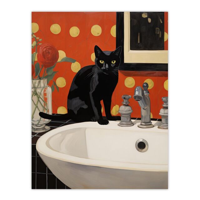 "Wee Blue Coo Wall Art Print Now Wash Your Paws Cat Bathroom Painting Living Room in Red - Size: W18"" x H24""" - image 1