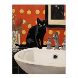 "Wee Blue Coo Wall Art Print Now Wash Your Paws Cat Bathroom Painting Living Room in Red - Size: W18"" x H24""" - thumbnail 1