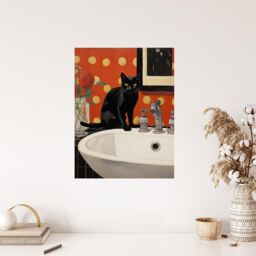 "Wee Blue Coo Wall Art Print Now Wash Your Paws Cat Bathroom Painting Living Room in Red - Size: W18"" x H24""" - thumbnail 4